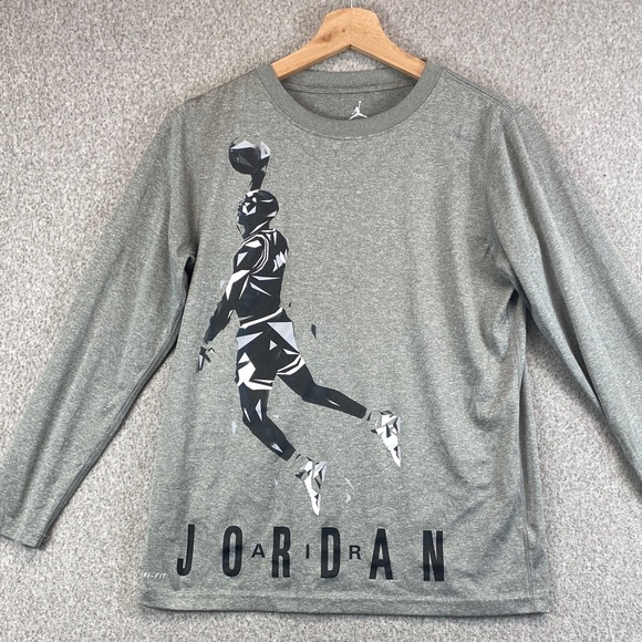 Nike Dri Fit Air Jordan tee long sleeve child’s L gray basketball quick dry - Picture 1 of 11